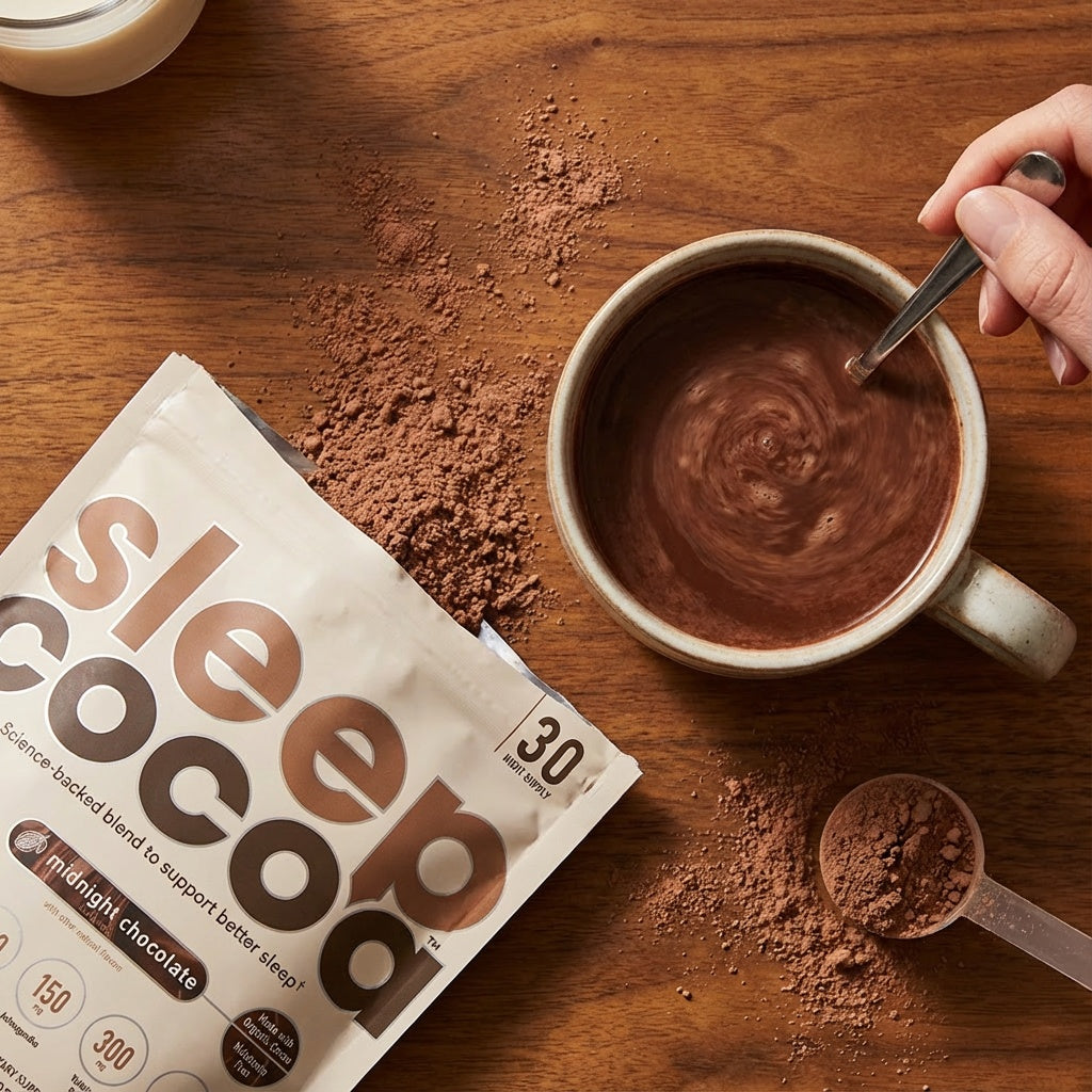 sleepcocoa bag open and stirring glass of sleepcocoa